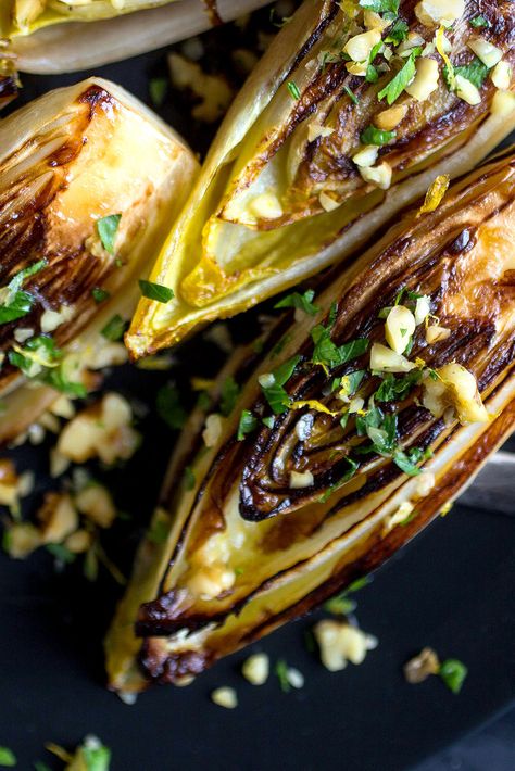 Seared Belgian Endive With Walnut Gremolata. Do not buy Belgian Endive if it is green as opposed to a yellow. Green=bitter Endives Recipes, Roasted Endive, Guy Food, Gremolata Recipe, Plate Photography, Endive Recipes, Belgian Endive, Belgian Food, Mark Bittman