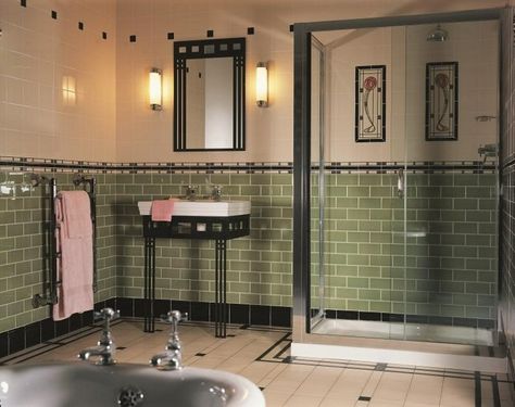 10 Amazing Bathroom with Art Nouveau 77 Art Deco Bathroom Tile, 1930s Bathroom, Art Nouveau Bathroom, Art Deco Bathrooms, Tiled Bathroom, Bilik Air, House Journal, Journal Magazine, Art Deco Bathroom