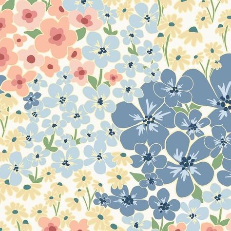 Mollie McGeever on Instagram: "A pretty new pattern to brighten your day! Spring Meadow is full of blues and corals and creams, originally painted in watercolor and arranged into a pattern in Illustrator! Might make a pretty wallpaper, or notecard, or wrapping paper, or little girl’s dress, or…🌸 #surfacepatterndesign #springpattern #watercolorpattern #watercolorflowers #surfacepatterndesigner #stationerypattern" Blue Flowers Pattern, Spring Pattern Illustration, Spring Illustration, Spring Meadow, Vintage Florals, Color Schemes Colour Palettes, Stickers Digital, Pattern Collection, Wallpaper Wallpaper