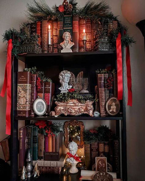 Gothic Christmas Aesthetic, Holiday Bookshelves, Dark Academia Christmas, Christmas Bookshelf, Aesthetic Christmas Tree, Tree Ideas Christmas, Dark Christmas, Cottage Christmas, Christmas Interiors