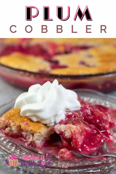 This plum cobbler features sliced fresh plums layered on top of an easy-to-make batter for a completely beginner-friendly dessert! It is sweet, juicy, and super irresistible! Plus, it's the perfect way to use up any extra plums you may have on hand! BakeItWithLove.com Plum Recipes Easy, Cobbler With Bisquick, Plum Cobbler, Peach Cobbler With Bisquick, Plum Dessert, Sweet Potato Salad Recipe, Summer Fruit Recipes, Season Recipes, Plum Recipes