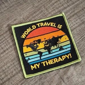 PatchPartyClub - Etsy Travel Is My Therapy, Travel Iron, Travel Patches, Cute Patches, Cool Patches, Gold Border, Patches Jacket, World Travel, Embroidered Patch