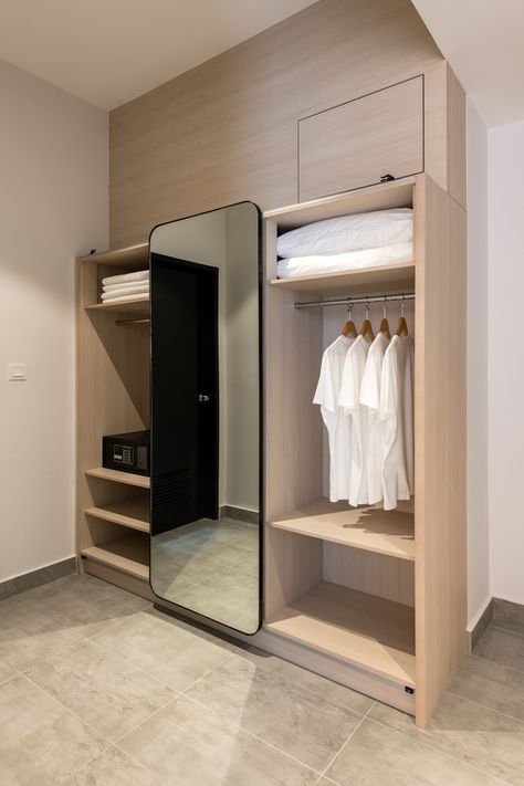 Gallery — The Canvas Hotel Full Height Mirror, Wardrobes Ideas, Small Hotel Room, Room Wardrobe, Hotel Room Interior, Luxury Closets, Closets Design, Closet Clothes Storage, Open Wardrobe