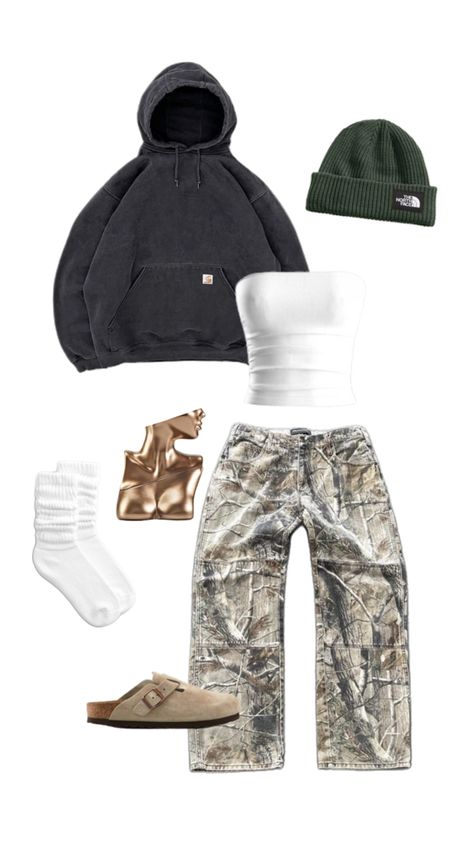 Camo Overalls Outfit Street Styles, Winter Ahs Outfit, Carhartt Camo Pants, Future And Metro Boomin Concert Outfits, Cameo Pants Outfit, Realtree Camo Pants Outfit, Ahs Aesthetic Outfits, Camo Hat Outfits Women, Camo Sweatpants Outfit