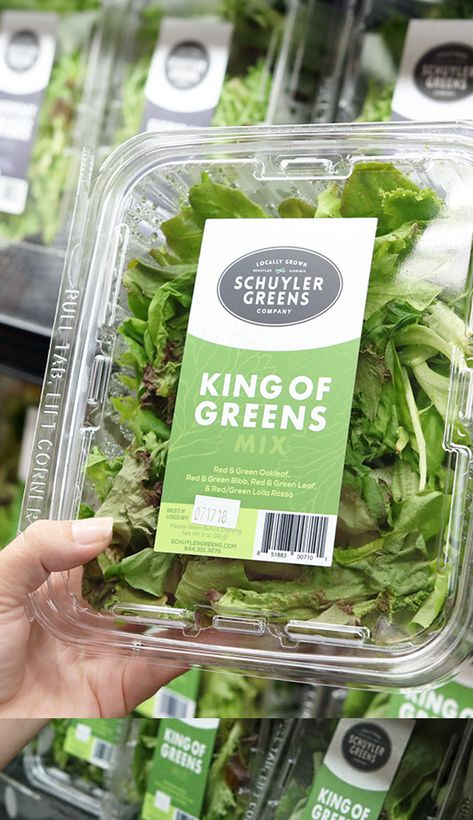 Schuyler Greens Salad Label Design by Watermark Design | Packaging for food, fresh lettuce, kale, greens mix, package, colorful, modern, minimal, artistic, creative | Food Packaging Packaging Lunch Box, Vegetables Packaging, Microgreens Salad, Fresh Food Packaging, Packaging For Food, Microgreens Garden, Salad Packaging, Salad Mixes, Vegetable Packaging