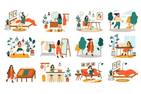 Woman Routine, Daily Life Routine, Couple Clipart, Happy Guy, Lifestyle Illustration, Life Routines, Couple Illustration, Daily Routines, A Day In Life