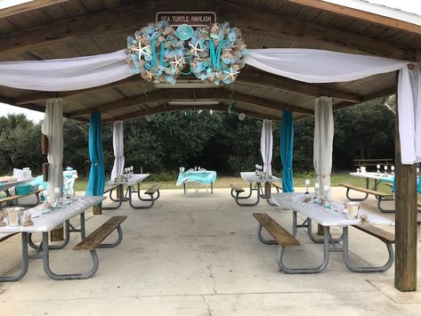 Alray & Melissa chose to rent the Sea Turtle Pavilion for their #beachwedding reception at Anastasia State Park in St. Augustine, FL. They had 40 people, brought trays of appetizers and had more food delivered. Charming and beautiful! #wedding2020 #beachweddingideas #Floridabeachweddings #destinationwedding #weddingreception #beachweddingdecor #Bohowedding State Park Pavilion Wedding, Beach Pavilion Wedding, Park Wedding Ideas Pavilion, Park Pavilion Wedding Decorations, State Park Wedding Reception, Pavilion Baby Shower Ideas, Pavillion Party Decorations Park, Pavilion Party Decorations, Picnic Shelter Wedding Reception