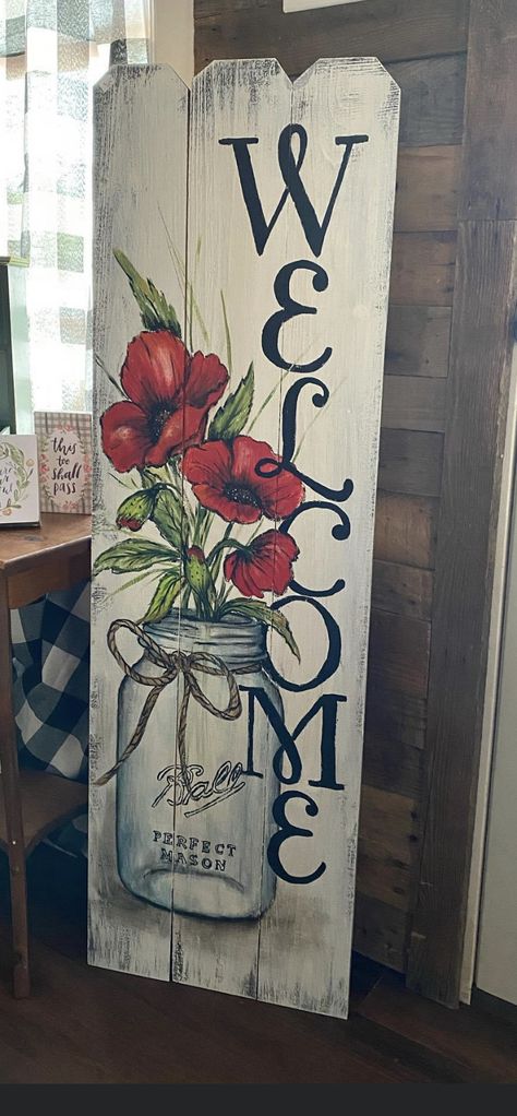 Painting Welcome Signs On Wood, Welcome Sign Porch Decor, Spring Wooden Signs Front Porches, Painted Wood Signs Diy Front Porch, Paintings On Barnwood, Front Door Signs Diy Entrance, Outdoor Welcome Sign Diy, Summer Wood Signs Front Porches, Painting On Boards Acrylics