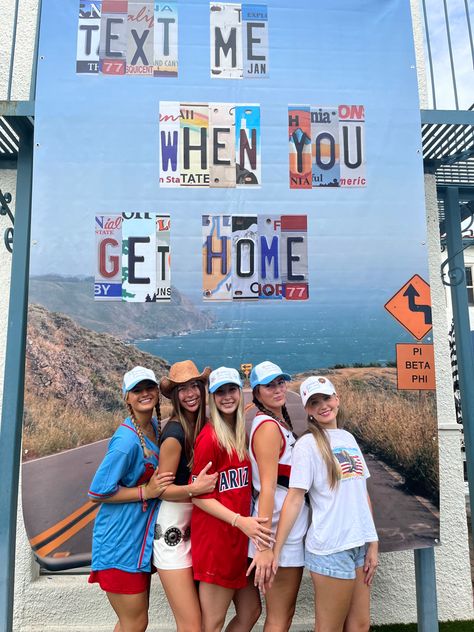 Hometown Throw Down Sorority, Hometown Sorority Theme, Road Trip Bid Day Theme, Sorority Polish Week Themes, Sorority Prep Week Themes, Text Me When You Get Home Bid Day, Polish Week Themes Sorority, Road Trip Bid Day, Rush Themes Sorority Ideas