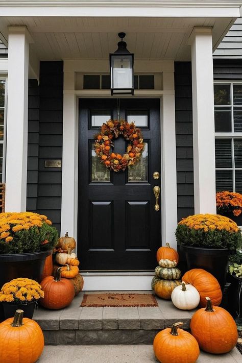 25 Cozy Fall Front Porch Decor Ideas You'll Definitely Love - She Be Thriving Fall Porch Decor Ideas, Fall Landscaping, Fall Front Porch Decor Ideas, Fall Front Porch Ideas, Fall Porch Decor, Porch Pumpkins, Easy Fall Decor, Neutral Fall Decor, Pumpkin Door Hanger