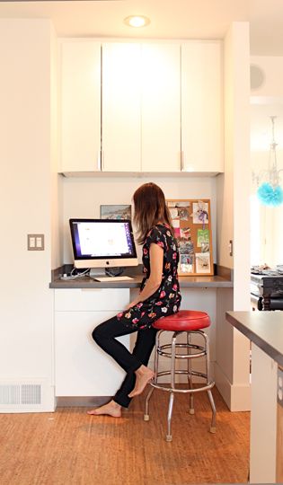 home office between my kitchen and front hall. Kitchen Office Nook, Beach House Office, Cork Kitchen, Office Nooks, Curved Counter, Thai Quinoa Salad, Study Nooks, Homework Nook, Kitchen Desk Areas