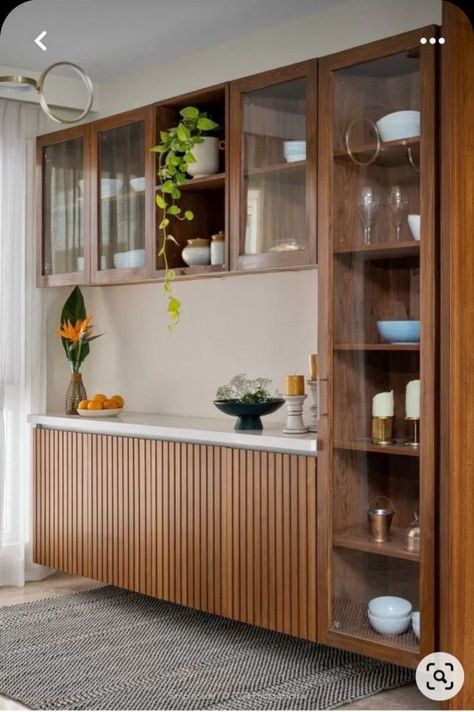 Crockery Cabinet In Kitchen, Wooden Crockery Unit Design, Dining Crockery Unit Design, Wooden Crockery Unit, Kitchen Crockery Unit Design, Crockery Unit Design Dining Rooms, Indian Sofa, Crockery Cabinet Design, Crockery Cabinet