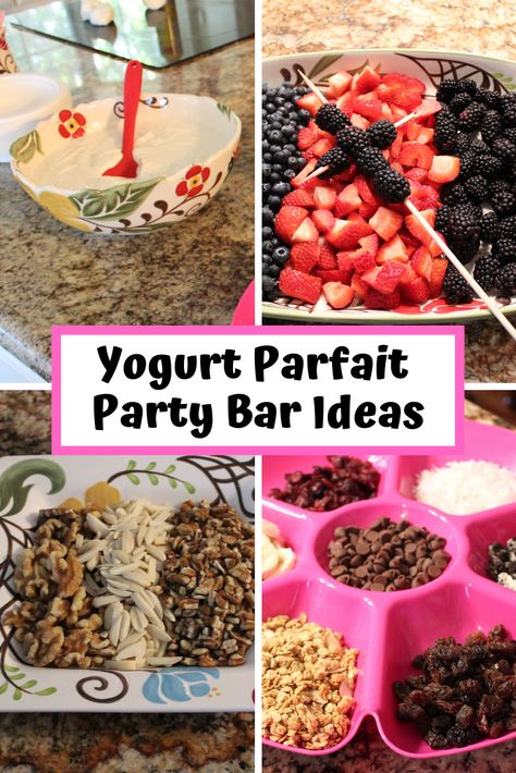 Create a yogurt parfait party bar for your next gathering.  Cheap, easy, and can be prepared the night before! A great party bar idea for a large crowd that's filled with tasty options and fun colors.  #partybars #foodbars #yogurtbar #buildyourown #yogurtparfaits #yummy #partyideas Dedication Party Ideas, Yogurt Parfait Party, Party Bar Ideas, Parfait Toppings, Bar Party Ideas, Yogurt Parfait Bar, Baby Dedication Party, Parfait Bar, Chili Bar