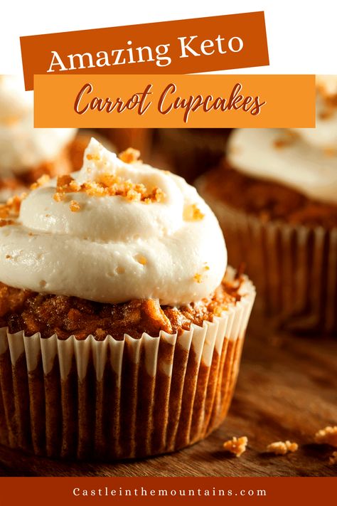 Easy Keto Carrot Cupcakes - Rich, Spicy & 2 Net Carbs. Easy Keto Carrot Cupcakes= guilt free decadence . The moist crumb, spices and gorgeous color set the perfect Autumnal scene for this treat. #easyketo #ketocupcakes #ketodessert #ketocarrotcake Fall Recipes Snacks, Carrot Cupcake Recipe, Low Carb Cupcakes, Make Cupcakes, Keto Cupcakes, Low Carb Cake, Carrot Cupcakes, Low Carb Treats, Keto Cake