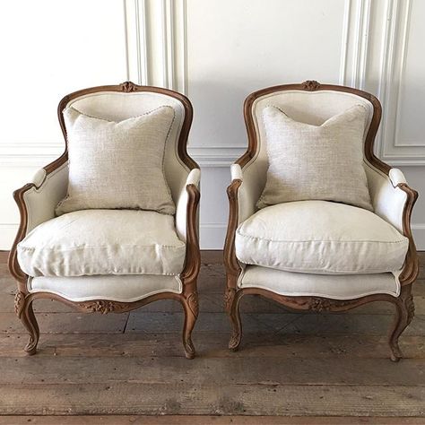 Handsome pair of wood carved bergeres in oatmeal linen coming soon.... #french #bergeres #antiques #organiclinen French Country Living Room, French Chairs, Country Living Room, Country House Decor, French Furniture, Wood Carved, French Decor, French Country Decorating, Upholstered Furniture