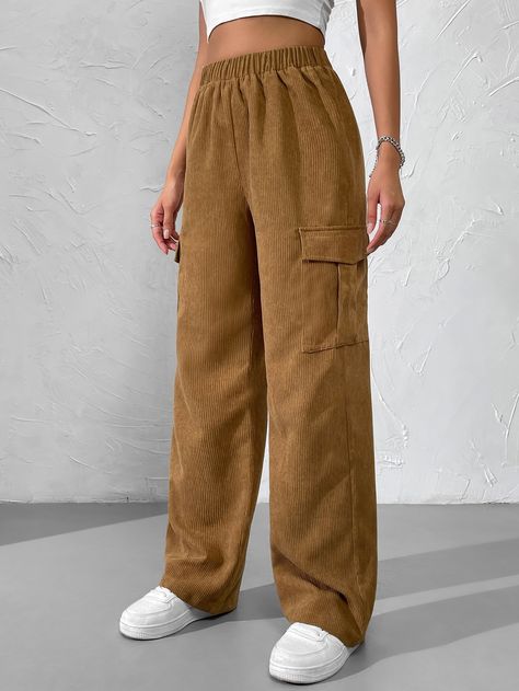 Brown Casual Collar  Polyester Plain Cargo Pants Embellished Non-Stretch  Women Bottoms Brown Cargo Trousers, Cargo Pants Pattern, Corduroy Cargo Pants, Pants Embellished, Cargo Pants For Women, Brown Cargo Pants, Women Bottoms, Cargo Pants Outfit, Oversized Jeans