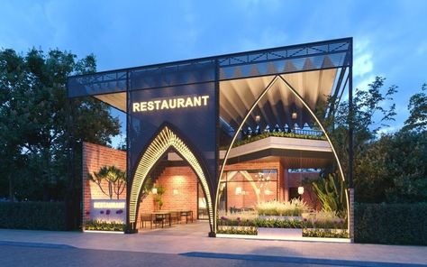 Beach Restaurant Design Exterior, Restraunt Design Exterior, Resturant Ideas Design Outdoor, Foodcourt Design Outdoor, Restaurant Facade Design Architecture, Restaurant Facade, Rooftop Restaurant Design, Restaurant Exterior Design, Resturant Design