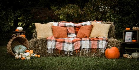 Fall Family Photos Backdrop, Outdoor Fall Photo Booth Ideas, Fall Selfie Station Ideas, Halloween Fall Photo Backdrop, Hay Bale Couch Photoshoot, Fall Family Photo Prop Ideas, Hay Bale Photo Shoot, Fall Photoshoot Decor Ideas, Halloween Photoshoot Setup Ideas