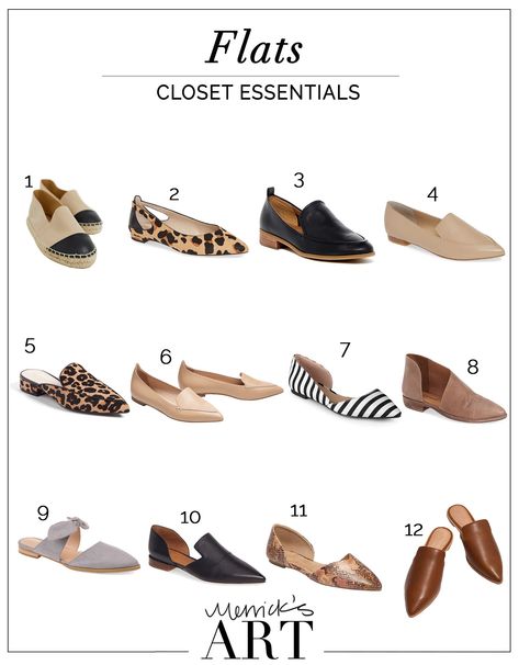 closet essentials - flats  | merricksart.com Types Of Flats Shoes For Women, Flats For The Office, Work Flat Shoes, Basic Flats For Women, Comfy Flats For Work, Flat Work Shoes Women Outfit, Stylish Flats For Women Classy, Footwear Essentials Women, Everyday Work Shoes