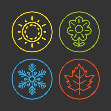 Set Collection of Four Seasons Icon - Summer, Spring, Winter and Autumn. Four Seasons Illustration Design, Winter Tattoo, Creative Graphics, Grafic Design, Seasons Of The Year, Year 2, 4 Seasons, Logo Ideas, Retro Art