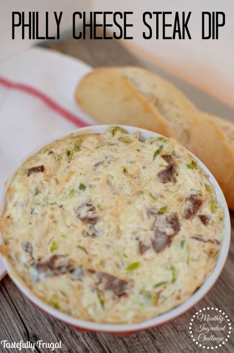 Philly Cheese Steak Dip - Tastefully Frugal Steak Dip, Philly Cheese Steak Dip, Philly Cheese Steak Sandwich, Oven Safe Bowls, Party Dip, Cheese Steak Sandwich, Cheese Steak, Philly Cheese, Green Bell Pepper