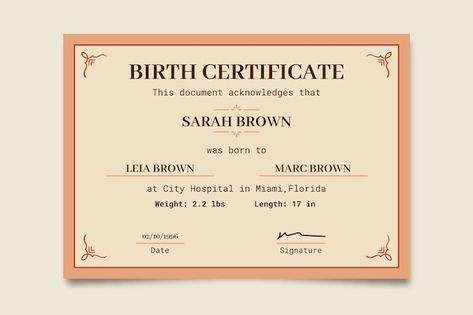 Birth Certificate Design, Vintage Certificate, Retro Template, Birth Certificate Template, Certificate Design, Business Video, Date Of Birth, Birth Certificate, Certificate Templates