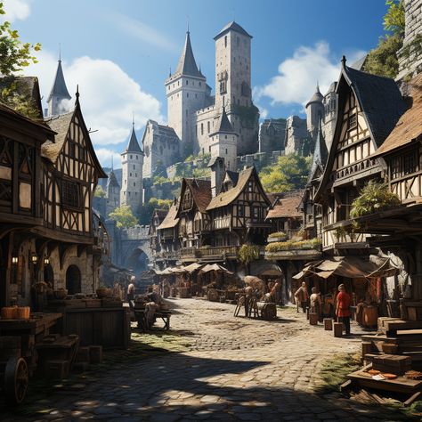 Fantasy Trade City, Town In Forest, Fantasy Town Aesthetic, Vila Medieval, German Town, Forest Village, Fantasy Village, Medieval Aesthetic, Fantasy Town