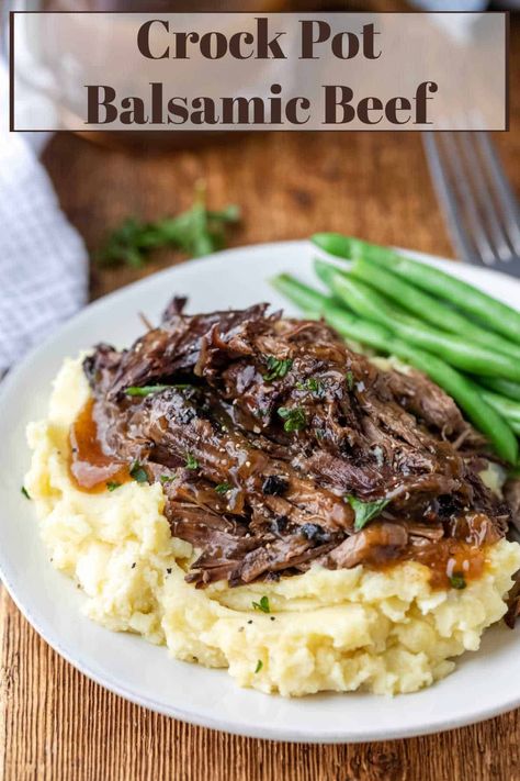 Crock Pot Balsamic Beef makes tender, juicy beef. Easy slow cooker beef recipe turns chuck roast into a yummy dinner with 5 minutes of prep! Braised Chuck Roast, Slow Cooker Brisket Recipes, Chuck Roast Crock Pot Recipes, Roast Beef Crock Pot Recipes, Slow Cooker Korean Beef, Crockpot Roast Recipes, Pot Roast Crock Pot Recipes, Slow Cooker Roast Beef, Beef Brisket Recipes