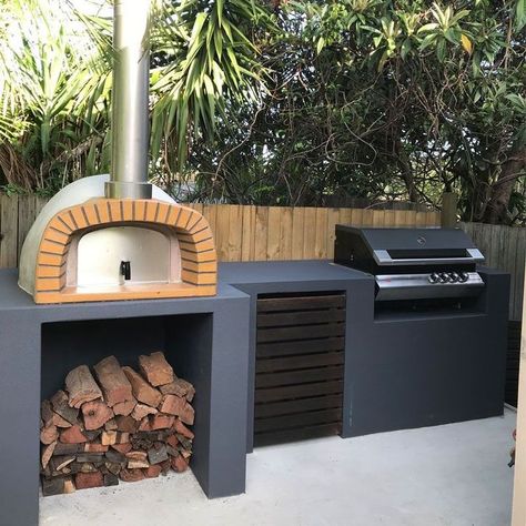 (ad) Pizza oven, outdoor fireplace, outdoor living area, seat wall, paver patio, outdoor furniture, wood box, fire feature, planting around patio, cultured stone ... Diy Bbq Area, Backyard Pizza Oven, Pizza Oven Outdoor Kitchen, Small Outdoor Kitchens, Kitchen Ideas On A Budget, Diy Pizza Oven, Outdoor Bbq Area, Diy Pizza, Diy Bbq