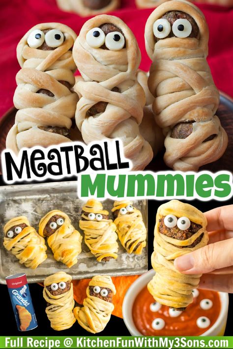 Delicious meatball mummies, a spooky Halloween appetizer or fun dinner for the kids. Perfectly seasoned ground meat wrapped in strips of crescent dough, baked to golden perfection. Meatball Mummies, Halloween Meatballs, Bacon Wrapped Meatballs, Halloween Appetizer, Soft Sugar Cookie Recipe, Fun Dinner, How To Make Meatballs, Appetizer Meatballs, Meatball Bake