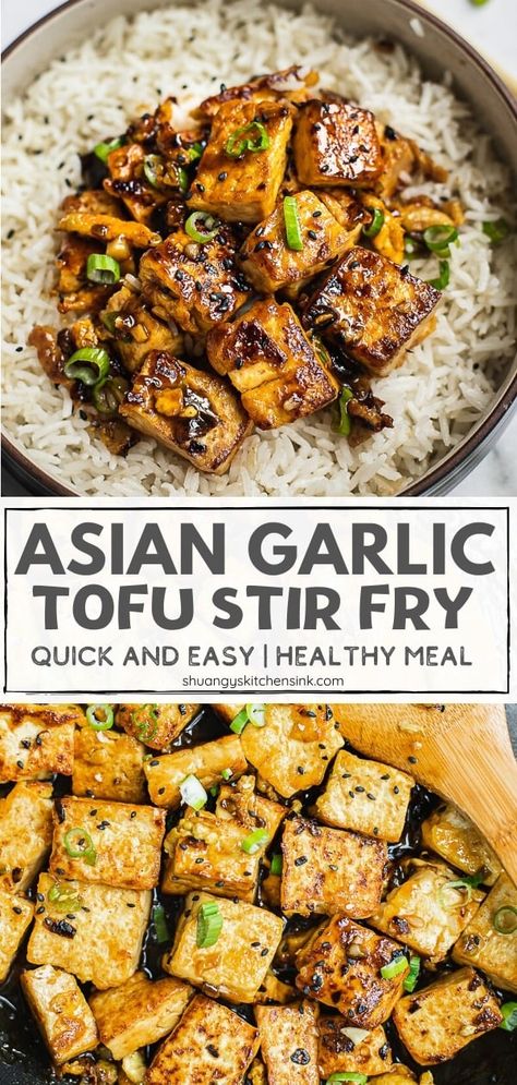 Garlic Tofu Stir Fry {Vegetarian} | This easy, healthy garlic tofu stir-fry recipe is loaded with authentic flavor and tastes better than take out. Soft on the inside, with a light golden crisp on the outside and coated with a sticky garlic sauce, this pairs perfectly with cooked veggies or your favorite rice. Can be made vegan as well. #tofurecipe #asianfood #garlictofu #chinesefood Stir Fry Vegetarian, Nutrition Challenge, Garlic Tofu, Chinese Garlic, Meatless Mains, Vegetarian Stir Fry, Vegan Stir Fry, Healthy Asian, Mapo Tofu