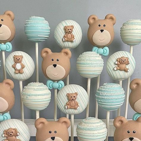 Teddy Bear Party Treats, We Can Nearly Wait Baby Shower Cakes, We Can Bearly Wait Cake Pops, Teddy Bear Baby Shower Theme Desserts, We Can Bearly Wait Treats, Cake Pops For Baby Shower Boy, We Can Bearly Wait Baby Shower Treats, Bear Candy Table, Baby Shower Cake Pops For Boys