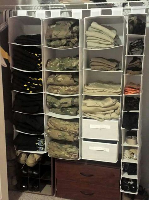 great organizational idea on a budget under $10. #uniform #dollarstore #storage Army Gear Storage, Army Barracks Decor Ideas, Army Closet Organization, Uniform Storage Ideas, Army Gear Organization, Barracks Aesthetic, Army Barracks Room Decor, Military Housing Decorating Ideas, Barracks Room Decor