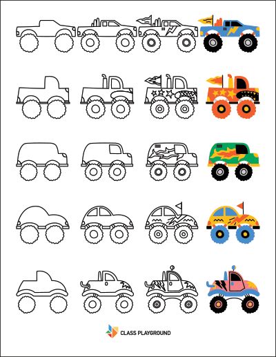 Printable How To Draw With Shapes Monster Trucks 1 Monster Truck Doodle Easy, Monster Trucks Drawing, How To Draw Monster Truck, Monster Truck Doodle, Monster Truck Drawing Easy, Draw Monster Truck, Draw With Shapes, Monster Truck Drawing, Free Quilt Patterns Printables