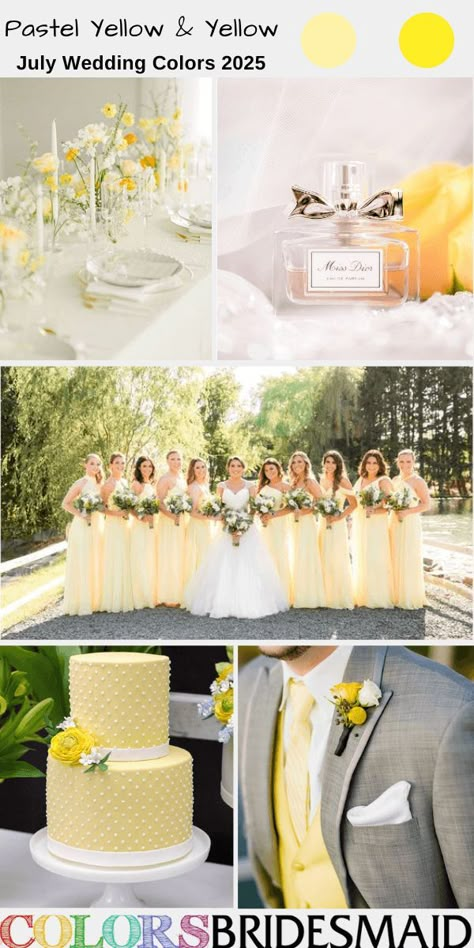 Pastel yellow and yellow July wedding colors 2025, pastel yellow bridesmaid dresses, white bridal gown, grey groom suit yellow vest, pastel yellow tie and yellow flower boutonniere, pastel yellow dot wedding cake with yellow flower décor, pastel yellow flower and white candles centerpieces, perfume bottle with yellow sash décor. #weddingcolors #weddingideas #julyweddings #summerweddings #colsbm #2025 #bridesmaiddresses #yellowwedding #pastelyellowandyellow May Wedding Colors, July Wedding Colors, Yellow And White Wedding, Wedding Color Schemes Summer, Yellow Wedding Cake, Yellow Wedding Colors, Yellow Iris, Yellow Wedding Theme, Trends 2025