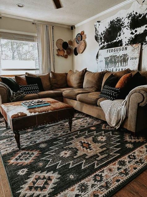 Black Southwestern Living Room, Rugs Boho Living Rooms, Country Farmhouse Apartment Decor, Country Boho Home Living Room, Boho Western Coffee Table Decor, Western Living Rooms Small, Aztec Boho Living Room, Rustic Aztec Decor, Aztec Theme Living Room