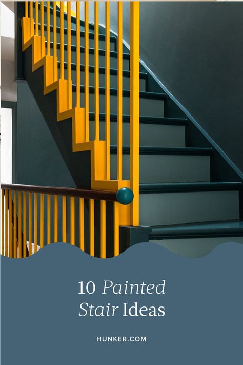 Stair Rail Color Ideas, Indoor Stairs Paint Ideas, Painted Wooden Stairs Ideas, Painting Your Stairs, Wooden Staircase Paint Ideas, Painted Stairwell Ideas, Navy Stairs Painted, Colorful Stairs Paint, Colourful Stairs Ideas