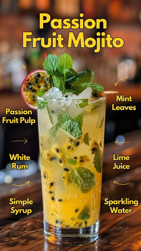 Get swept away by the tropical taste of our Passion Fruit Mojito, a fusion of ripe passion fruit, fresh mint, and sparkling soda with a zesty kick. #PassionFruitMojito Beautiful Mocktails, Passion Fruit Mojito Recipe, Fruit Mojito Recipe, Party Drinks Ideas, Mojitos Recipe, Fruit Mojito, Passion Fruit Mojito, Pretty Alcoholic Drinks, Drinks Recipe