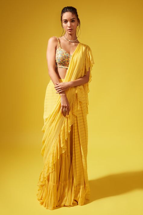 Buy Chamme and Palak Pre-draped Ruffle Saree With Blouse Online | Aza Fashions Draped Saree, Yellow Lehenga, Ruffle Saree, Drape Saree, Yellow Saree, Blouse Silk, Ready To Wear Saree, Georgette Blouse, Saree With Blouse