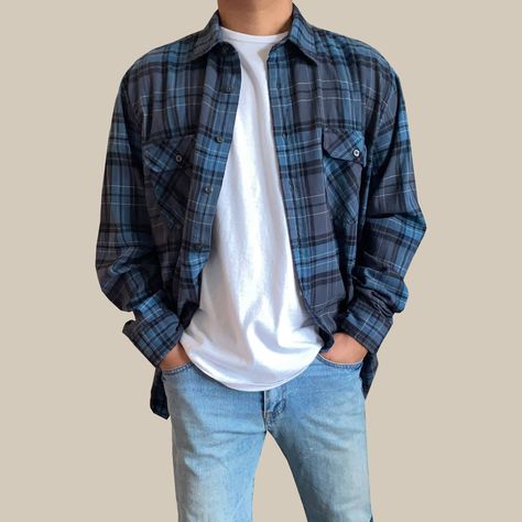 Guys In Flannels, Jeans And Flannel Outfit Men, Mission Chicken, Flannel Men Outfit, Guy In Flannel, Blue Flannel Outfits Men, Blue Flannel Outfits, Mens Flannel Style, Black Flannel Outfit