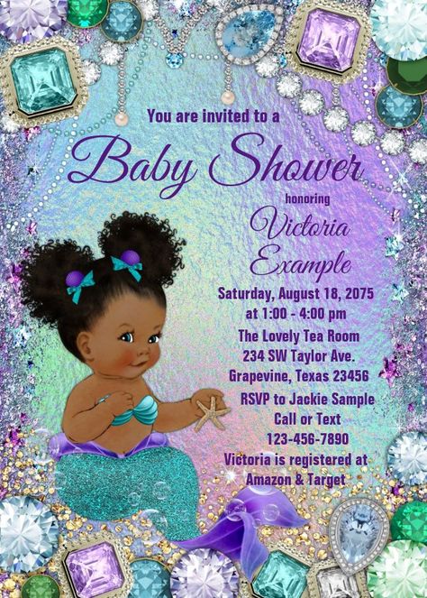 Jewel Mermaid Afro Hair Baby Shower Invitation #girlbabyshowerinvitations #babyshowerinvitations #zazzle #zazzleinvitation #virtualshower #showerbymail #drivebyshower #couplesshowerinvitations #woodlandbabyshowerinvitations #disneybabyshowerinvitations #bohobabyshowerinvitations Jewel Background, Bling Baby Shower, African Mermaid, African American Mermaid, Mermaid Baby Shower Invitations, Blue Tail, Mermaid Pink, Baby Shower Purple, Mermaid Baby