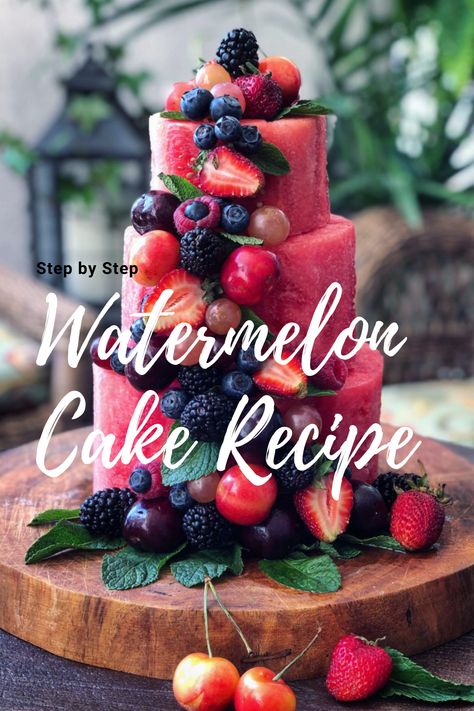 Watermelon Bday Cake, Cake Made Out Of Watermelon, All Fruit Birthday Cake, Cakes Made Of Fruit Birthday, Watermelon Layer Cake, Watermelon Cake 1st Birthday, Raw Fruit Cake, Cake Made Of Watermelon, Cake Made From Fruit Only