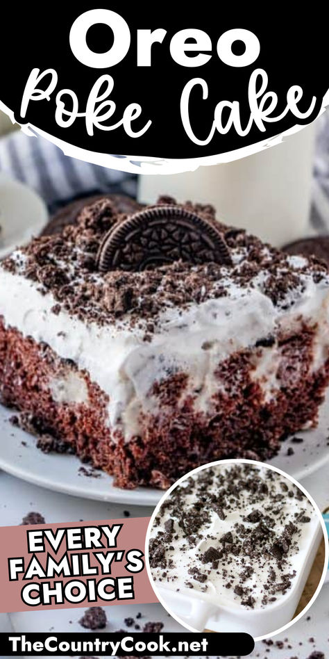 Oreo Poke Cake is the recipe that started the poke cake rage! Chocolate cake mix, Oreo Pudding and whipped topping. Everyone will ask you for this recipe! Easy Dessert Recipes Using Chocolate Cake Mixes, Hot Chocolate Poke Cake, Poke Cakes Recipes, Oreos Recipes, Diy Birthday Cakes, Oreo Poke Cake, Oreo Cakes, Chocolate Cake Mix Recipes, Oreo Cookie Cake