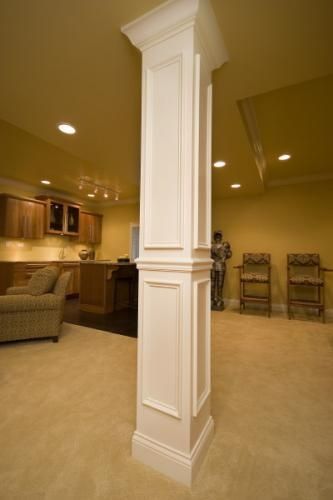 Beam Cover, Basement Poles, Basement Refinishing, Add Value To Your Home, Interior Columns, Diy Basement, Basement House, Basement Makeover, Basement Ceiling