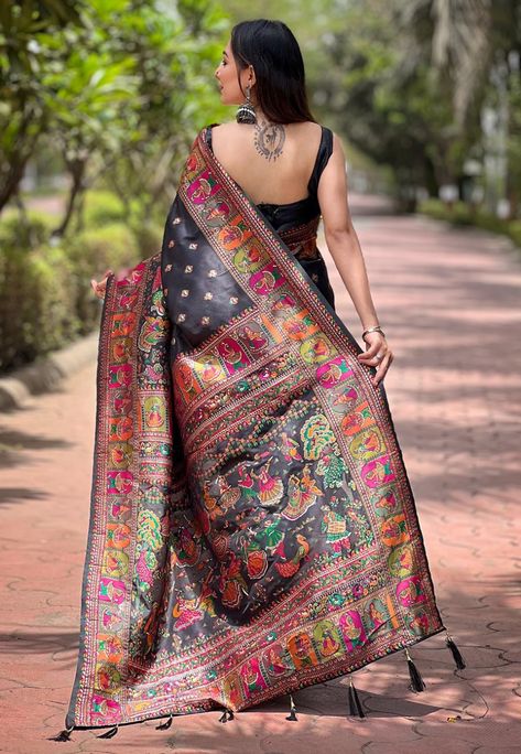 REW PASHMINA BLACK SINGLES AVAILABLE Expertly crafted with pashmina weaves and adorned with intricate meenakari kashmiri woven border, this black saree exudes elegance. The rich woven kashmiri pallu with tassels adds a touch of opulence. Paired with a brocade black blouse, this saree is perfect for any occasion. Black Pashmina, Pashmina Silk, Short Kurti, Black Saree, Girlie Style, Ethnic Dress, Women Blouse, Clothes Women, Traditional Sarees