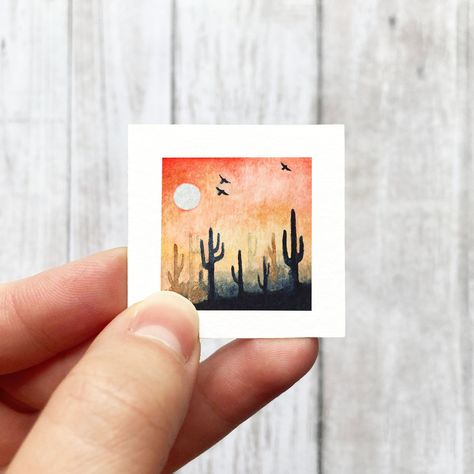 Watercolor Jewelry, Tiny Watercolor, Watercolor Beginner, Cactus Desert, Sunset Print, Landscape Art Print, Diy Watercolor Painting, Watercolor Projects, Desert Painting