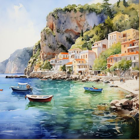 The Cerulean Sea, Mediterranean Paintings, Cerulean Sea, Greece Sea, Greece Painting, Zakynthos Greece, Terracotta Roof, Sea Landscape, Landscape Watercolor