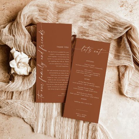 Minimalist Menu + Thank You Note | Wedding Napkin Wedding Dinner Food, Terracotta Wedding, Modern Layout, Wedding Napkin, Handwritten Calligraphy, Dinner Food, Retirement Party, Wedding Dinner, Retirement Parties