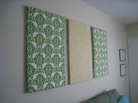 DIY Fabric Wall Art- i'm going to try this with grey and purple.. and maybe an anagram on the purple.. :) Wall Art Using Fabric, Diy Wall Tapestry Fabric, Fabric Frames Diy Wall Art, Fabric On Walls Diy, Framed Fabric Wall Art, Fabric Wall Panels, Diy Large Wall Art, Pretty Porches, Artsy Projects