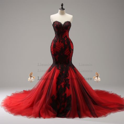 Red And Black Wedding Dress, Red Wedding Dress Mermaid, Strapless Mermaid Wedding Dress, Wedding Dress Robe, Black Red Wedding, Strapless Wedding Dress Mermaid, Red Wedding Dress, Amazing Dresses, Trumpet Dress